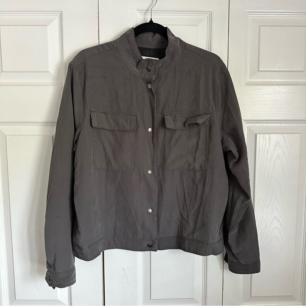 Old Navy Jacket Mens Large Gray Utility Military Bomber Snap Front Stand Collar